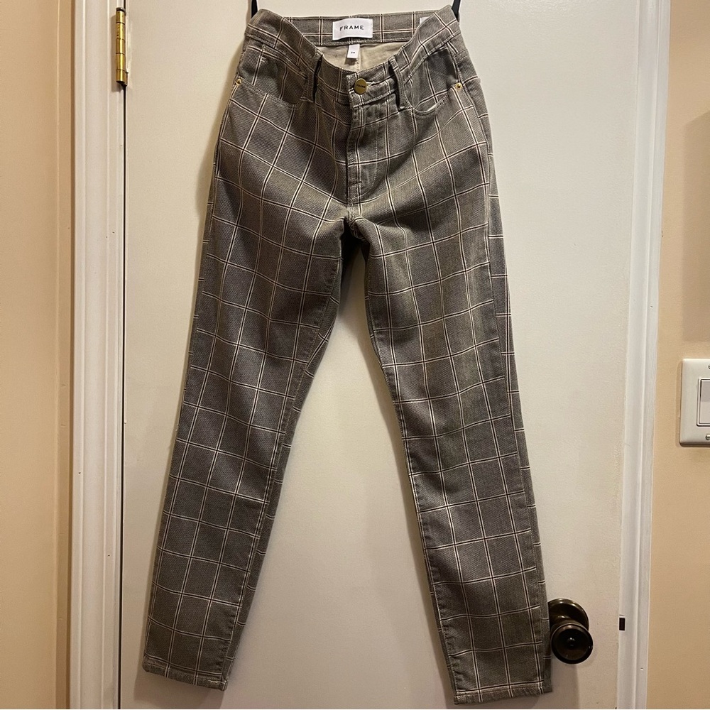 High skinny cropped “windowpane” plaid pants